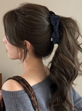 韩系格纹蝴蝶结香蕉夹女高马尾竖夹抓夹气质发夹发饰显发量鲨鱼夹