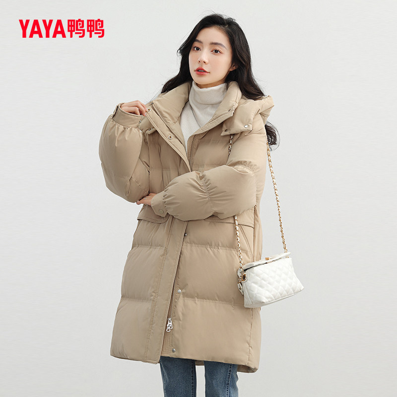 鸭鸭羽绒服女中长款2026年秋冬新款连帽时尚百搭韩版修身外套潮W