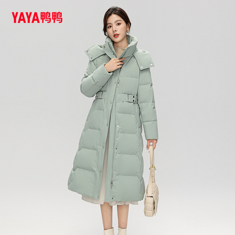 鸭鸭羽绒服女2023年新品长款连帽时尚纯色百搭韩版保暖外套W