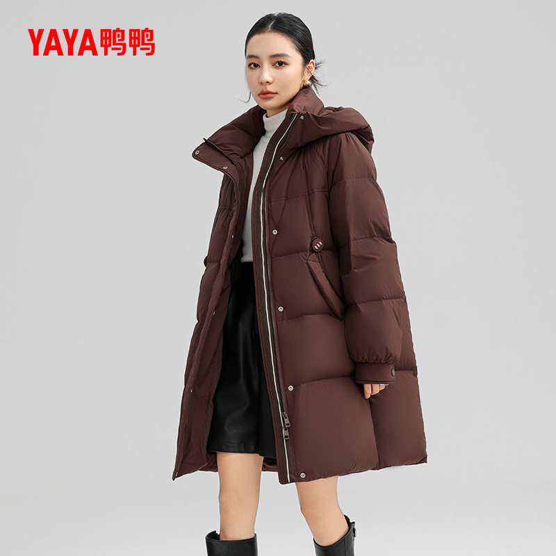鸭鸭羽绒服女士2025冬季新品中长款时尚连帽保暖加厚90鸭绒外套Y