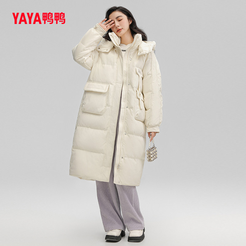 鸭鸭羽绒服女长款2026年秋冬新款连帽时尚百搭韩版修身鸭绒外套S
