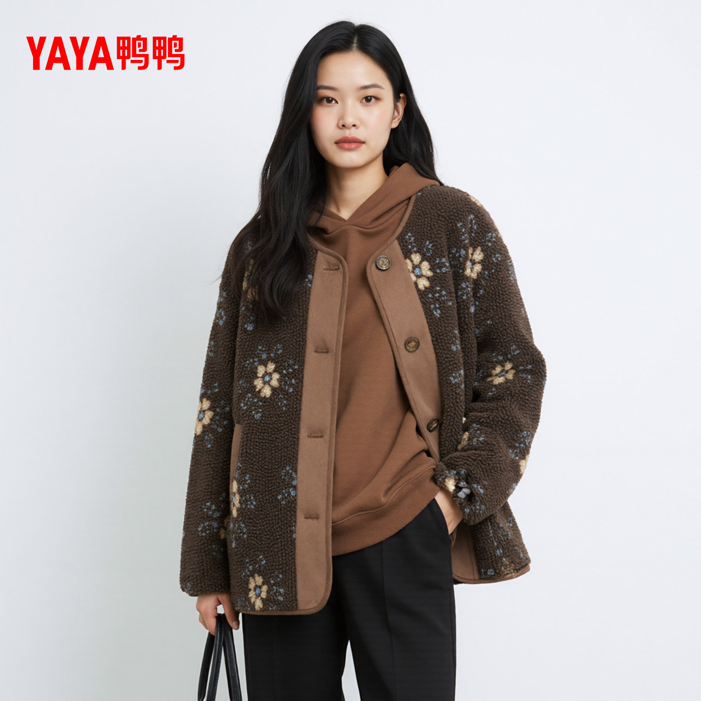 鸭鸭羽绒服女2025冬季新品短款时尚复古百搭羊羔毛保暖鸭绒外套S