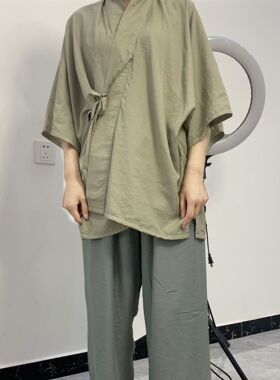 汉墨记原创天丝睡衣汉服短裤套装纯色对交穿半袖短衫日常情侣款男