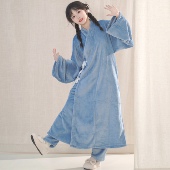 汉墨记汉服睡衣双面法兰绒厚汉元 素改良中衣直裰家居服秋冬季 男女