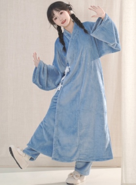 汉墨记汉服睡衣双面法兰绒厚汉元素改良中衣直裰家居服秋冬季男女