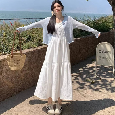 纯棉白色吊带连衣裙开衫套装女