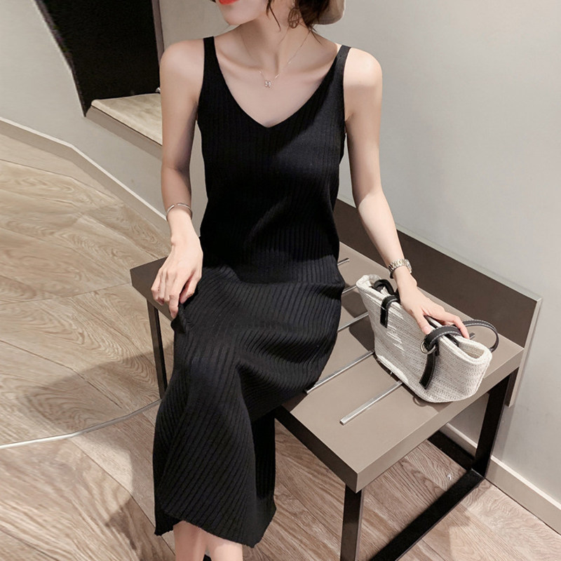 秋冬内搭针织背心裙无袖毛衣连衣裙v领修身长款过膝吊带长裙打底