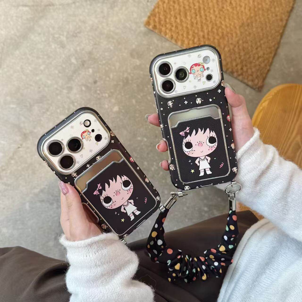 苹果带卡包iPhone15/16/17/18promax可拆挂绳大眼女孩小玉可爱卡通波点手机壳少女心软萌黑底硬壳保护套