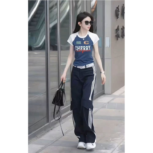 2025夏季时尚个性穿搭撞色字母正肩短袖T恤宽松直筒休闲裤两件套