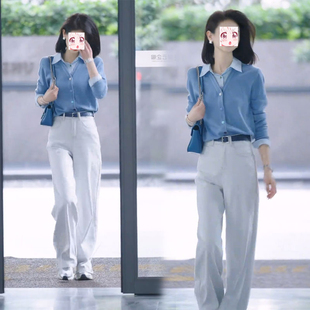 两件套装 2025春季 垂感直筒休闲裤 气质polo领假两件长袖 女 针织开衫