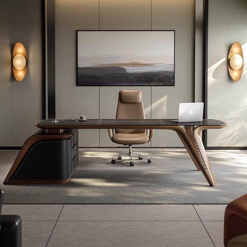 高端轻奢马鞍皮书桌高级感实木办公桌别墅书房老板桌总裁电脑桌