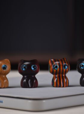 小猫咪木质钥匙扣项链挂件紫檀木雕红木立体镶嵌猫头手机链diy配