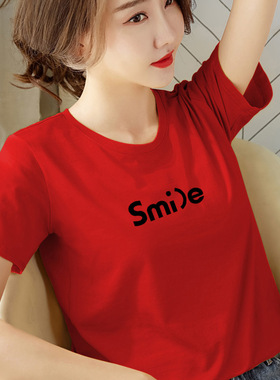 纯棉短袖t恤女宽松女装2025新款潮夏季白色半袖洋气红色上衣服黑