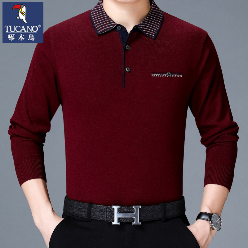 啄木鸟爸爸t恤长袖纯棉喜公公婚宴中老年男士本命年红上衣POLO衫