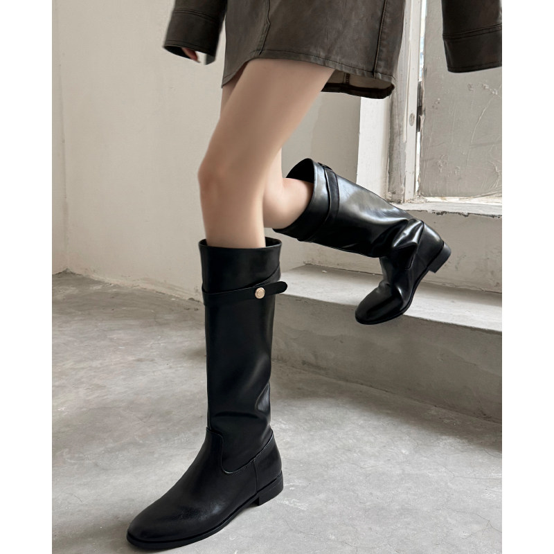 페어리윙크 코너 파리  여성 가을 겨울 하이 부츠를위한 금화 두꺼운 발 뒤꿈치 두꺼운 단독 중간 길이 나이트 부츠