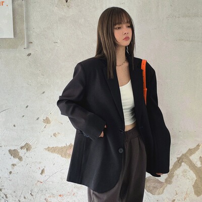 HeartyBite 2025秋冬新款黑色西装外套英伦休闲宽松百搭高级感西
