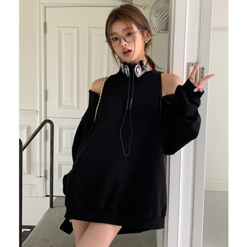 HeartyBite 2025秋冬新款设计露肩卫衣女小心机显瘦遮肉慵懒风黑