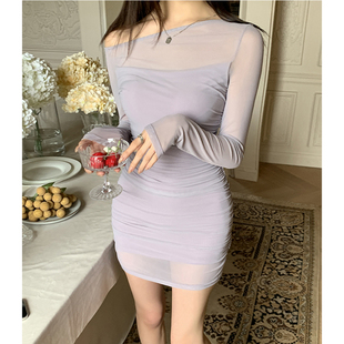 HeartyBite 2025秋冬新款迷迭雾紫网纱修身纯欲气质短裙长袖包臀