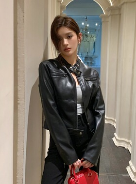 HeartyBite 2025秋冬新款美式复古经典黑色酷女孩立领机车皮衣女