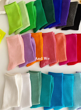 彩色袜子女秋冬季长袜纯棉ins潮网红款长筒纯色紫色糖果色中筒袜