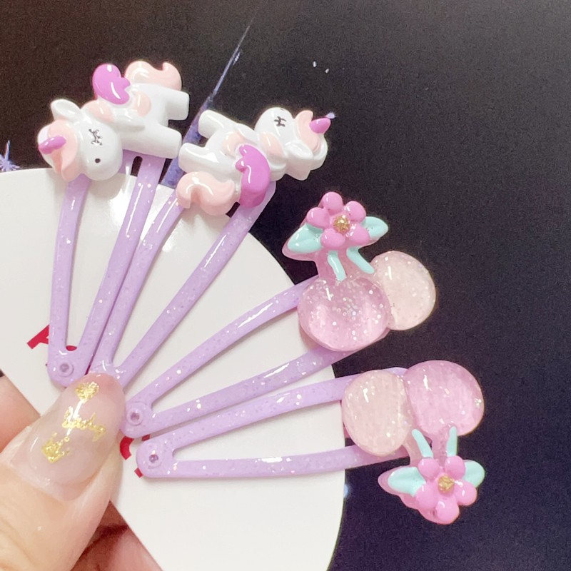 新款粉紫色儿童小马独角兽发夹小发圈樱桃女童小花蝴蝶头夹子发卡