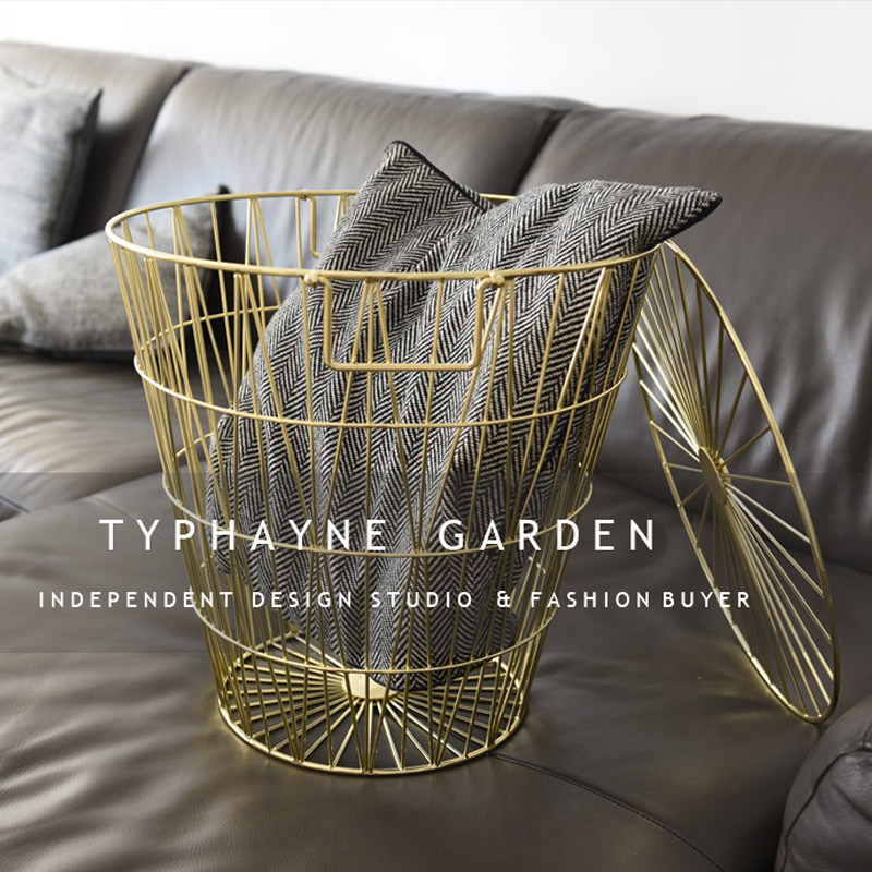 北欧电镀工艺玫瑰金色铁艺脏衣篮带盖大号酒店欧式简约收纳篮