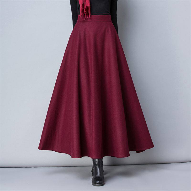 WINTER WOMEN LONG WOOLEN SKIRT FASHION HIGH WAIST BASIC WOOL