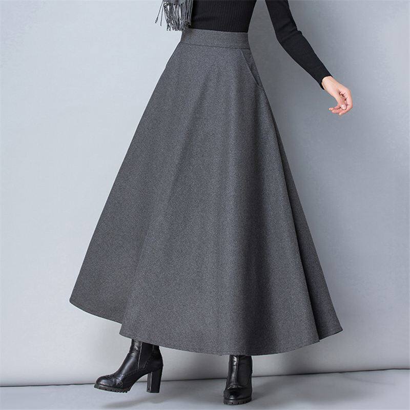 WINTER WOMEN LONG WOOLEN SKIRT FASHION HIGH WAIST BASIC WOOL