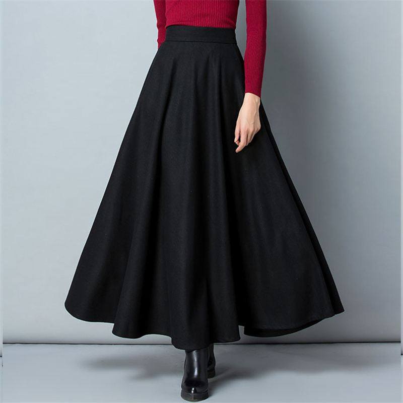 WINTER WOMEN LONG WOOLEN SKIRT FASHION HIGH WAIST BASIC WOOL