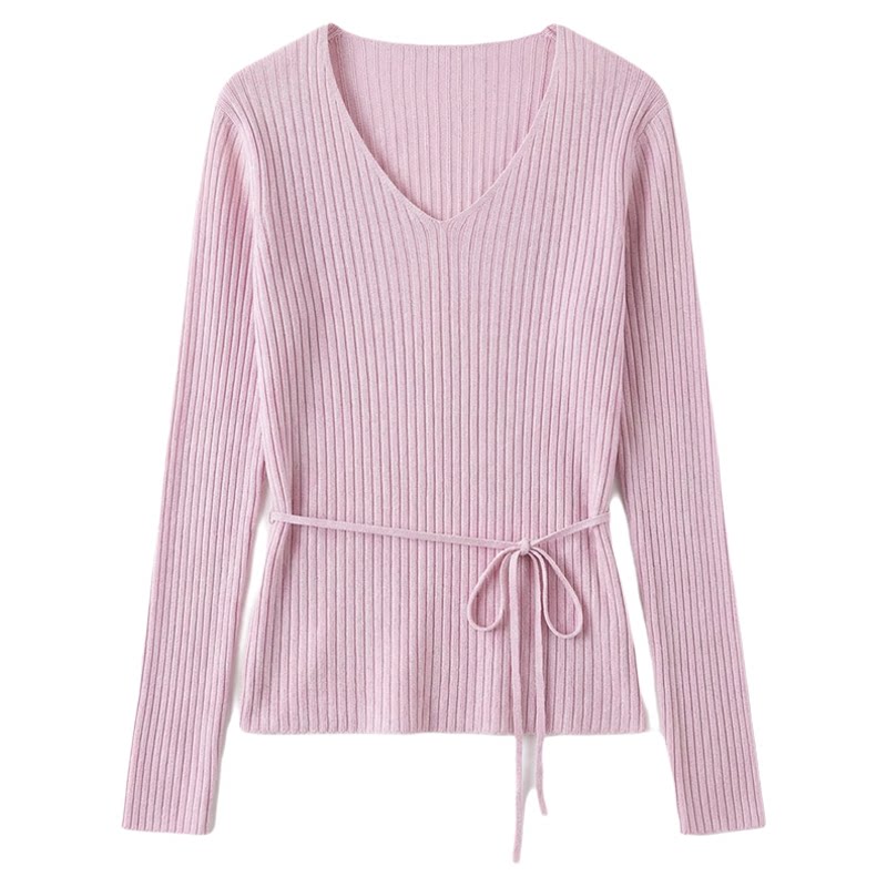 【春夏气质V领长袖收腰系带正肩竖坑条针织衫】A06030211