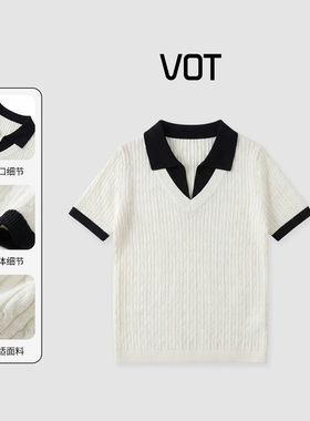 【婷仔推荐】VOT假两件撞色亚麻气质休闲麻花针织短袖