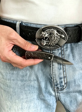 男士皮带小刀防身金属扣户外潮流复古百搭压花皮带西部牛仔腰带