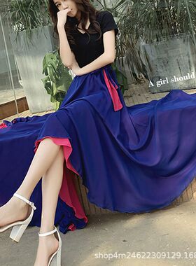 双面穿度黑色跳舞裙双色里外大摆裙米红色新疆舞蹈裙雪纺长裙