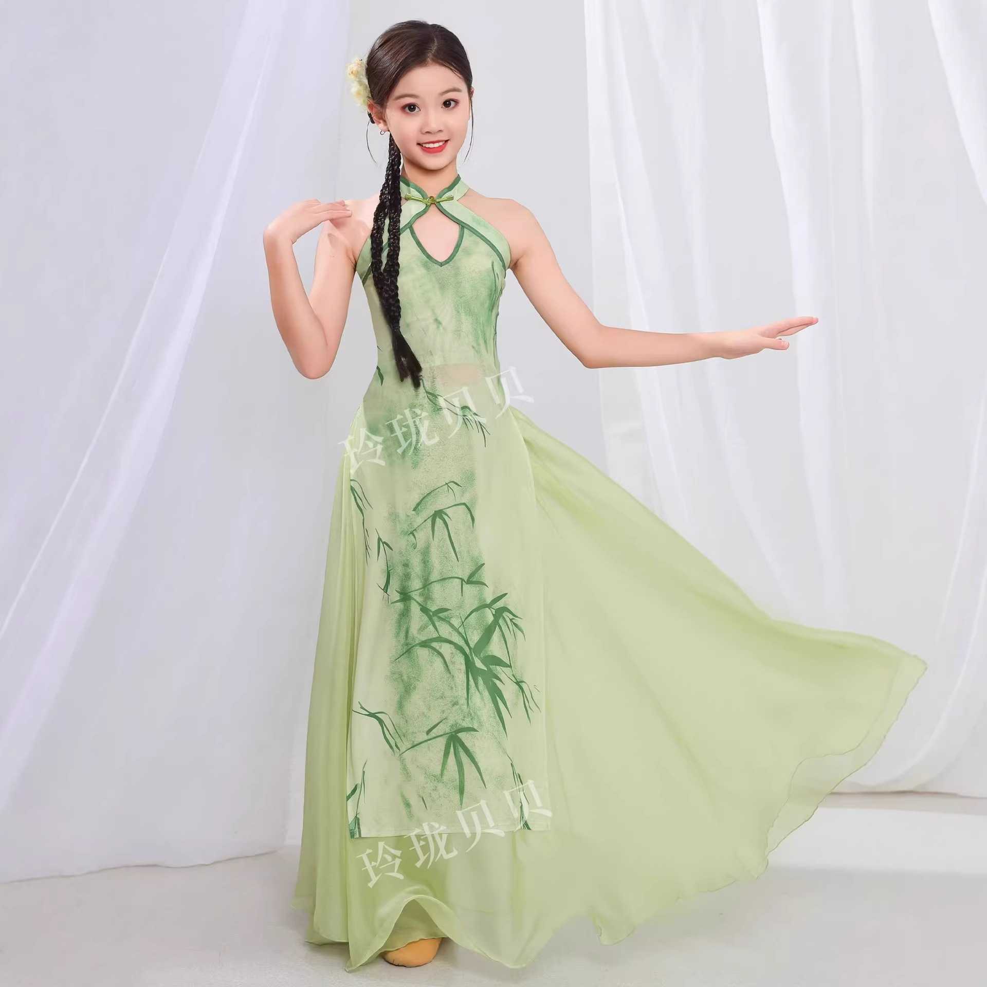 儿童女古典舞弹力印花旗袍伞舞