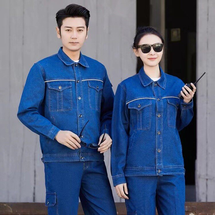 夏季牛仔工作服套装男女薄款长袖电力电焊耐磨防烫工厂车间劳保服