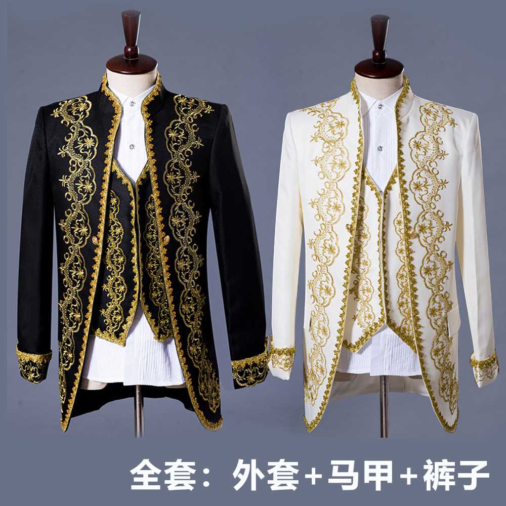 欧洲宫廷风镶金修身男士礼服套装