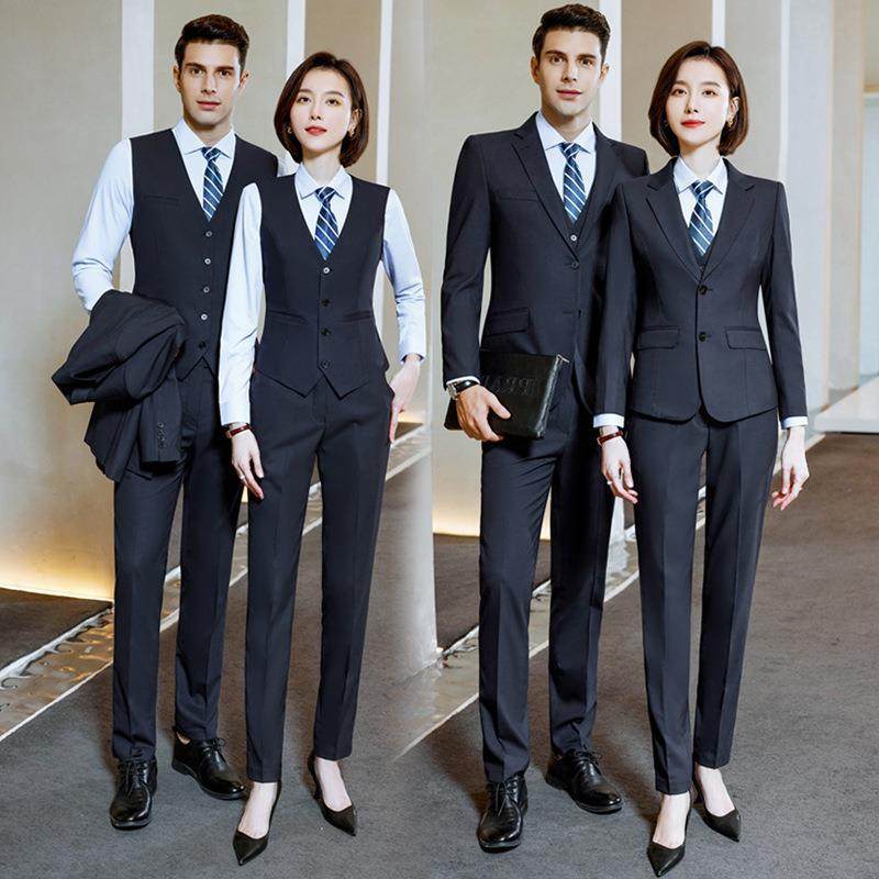 藏蓝色西装三件套男女职业装同款