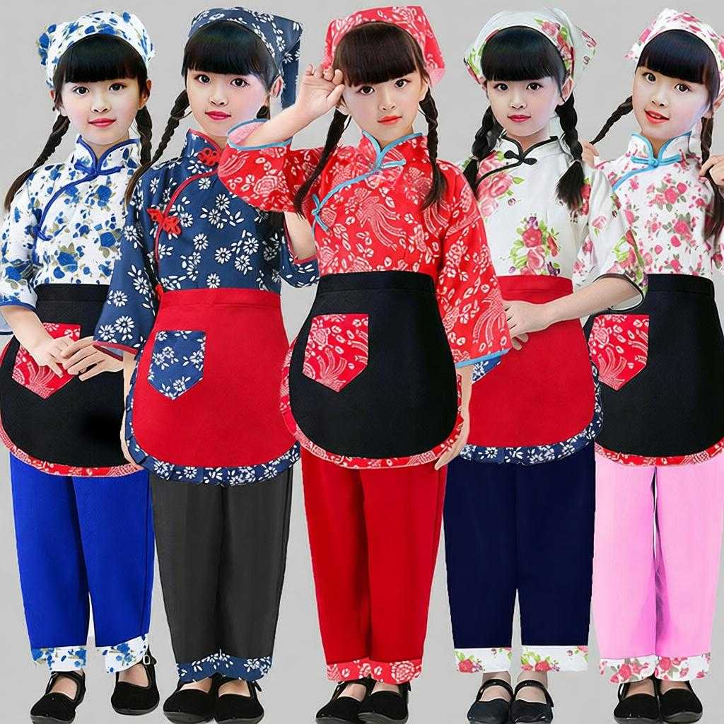儿童村姑风碎花古装采茶舞蹈服