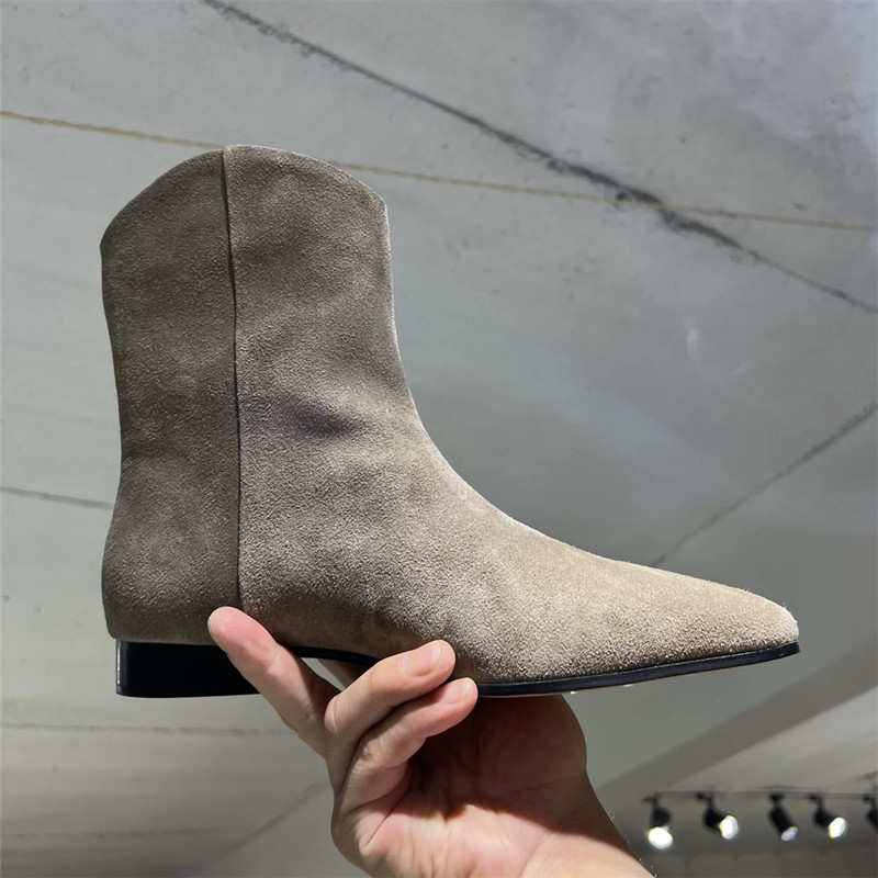 牛皮版~韩版复古磨砂尖头瘦瘦靴女冬季加绒粗跟西部牛仔马丁短靴