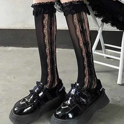 洛丽塔lolita小腿袜蝴蝶结欲风花边纯蕾丝夏秋中筒袜子jk日系薄款