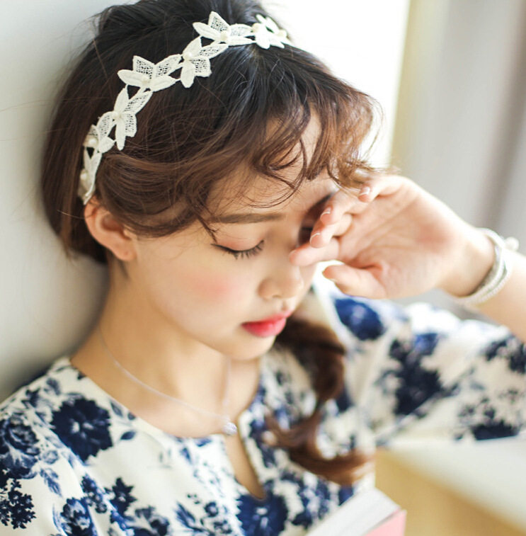 日本出口 超美仙花朵刺绣蕾丝甜美珍珠发带发饰发绳额前带