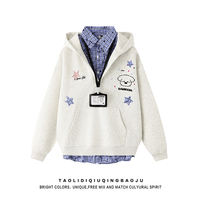 Two new autumn and winter school style loose bf couple fleece jackets with star check patchwork hoodies for women thumbnail 2