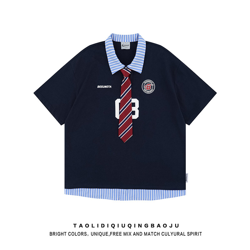 Smart Chic: Faux Two-Piece Striped Polo – Effortless Summer Style - Main product image from Taobao