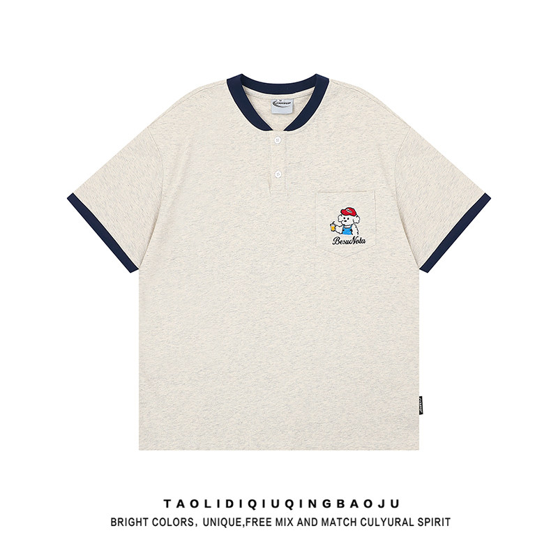 学院风口袋刺绣小狗短袖T恤女夏季学生宽松休闲撞色半开领上衣tee