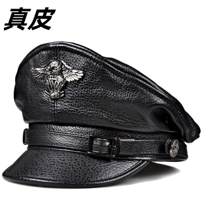 秋冬真皮帽子男士复古牛皮平顶帽