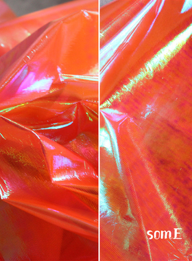 设计师面料复合皮革七彩橘红色镭射不透防水服时装创意造型布料