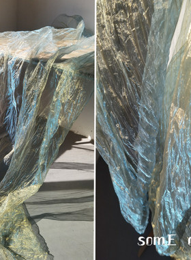 青绿色水光感纱亮透视欧根纱布料裙子婚纱网纱礼服装设计师面料