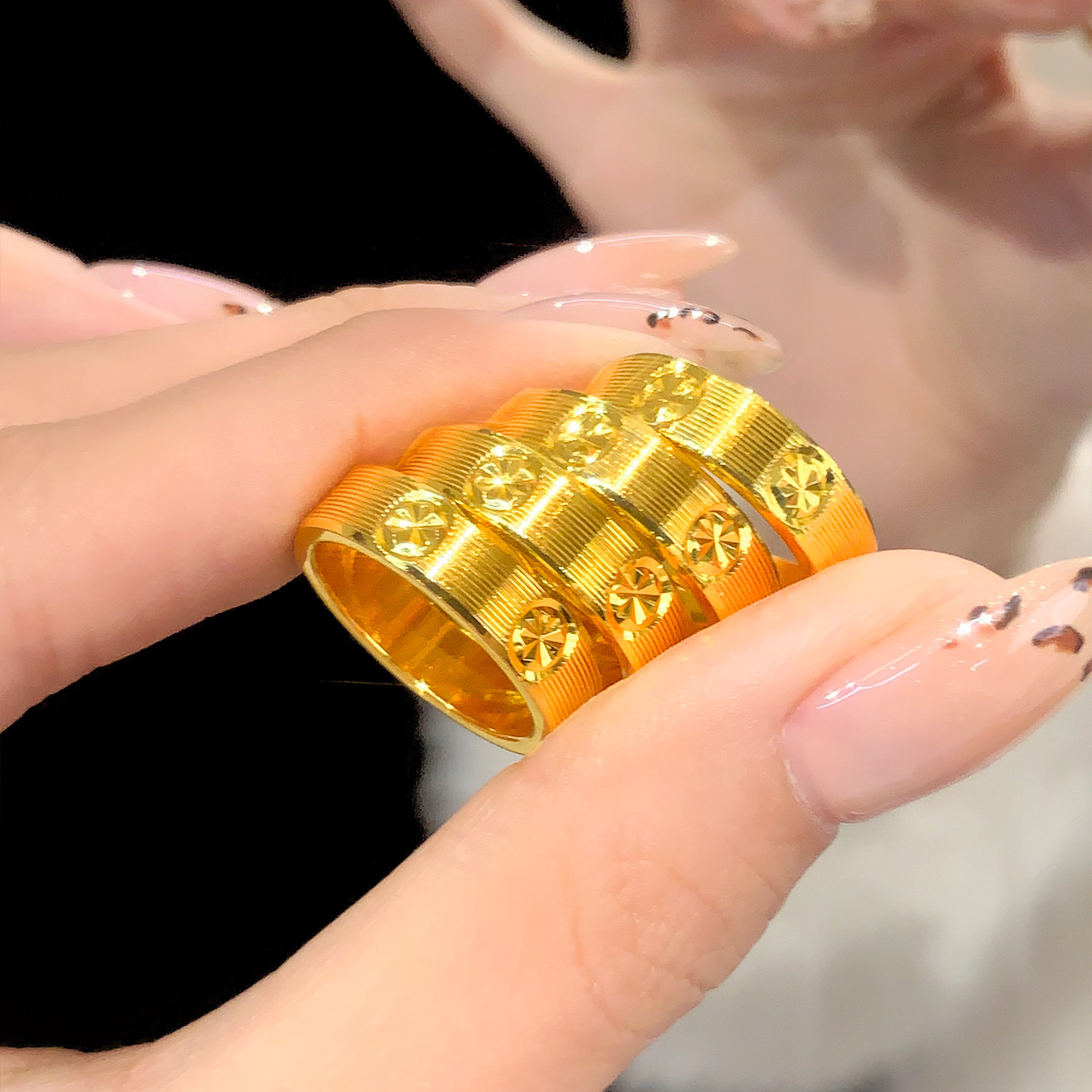 新中式仿金色古法拉丝米字车花女款戒指闭口食指戒小众复古风手饰