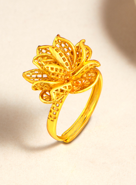 新款镀黄金色镂空雕花戒指女款小巧高级感开口调节花丝指环送女友