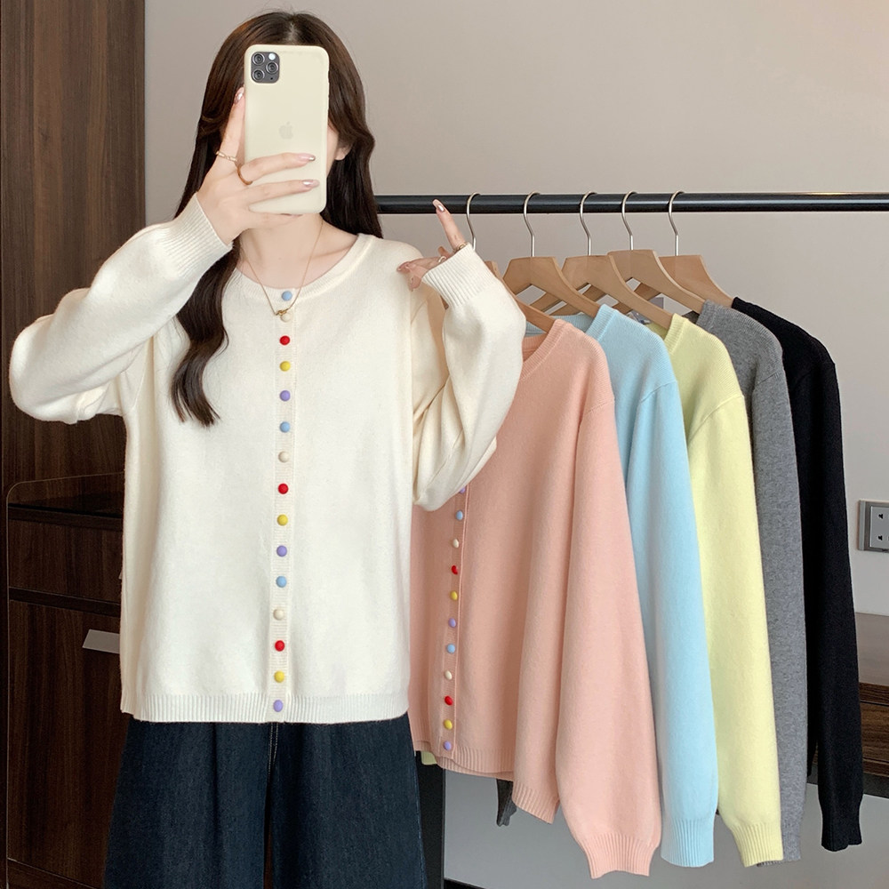 大码胖妹妹彩色排扣宽松针织开衫女秋冬显瘦百搭毛衣外套减龄遮肚,女装/女士精品,大码内搭,淘宝优惠券,粉丝福利购,淘宝优惠卷